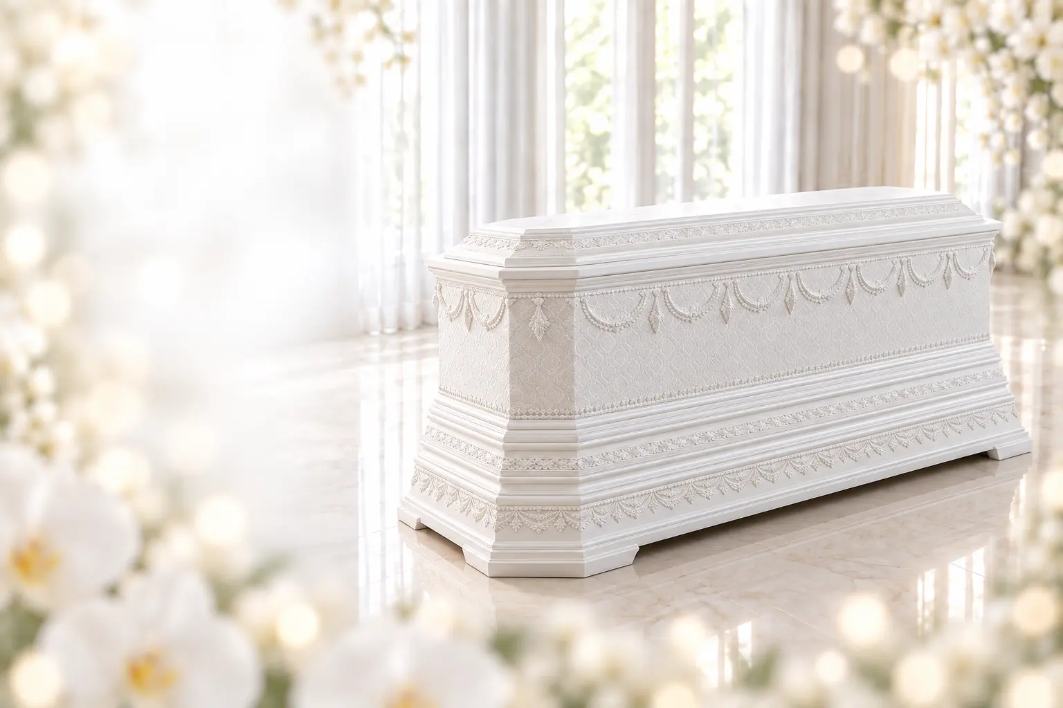 White octagonal embroidered casket with tiered base at Korat Coffin